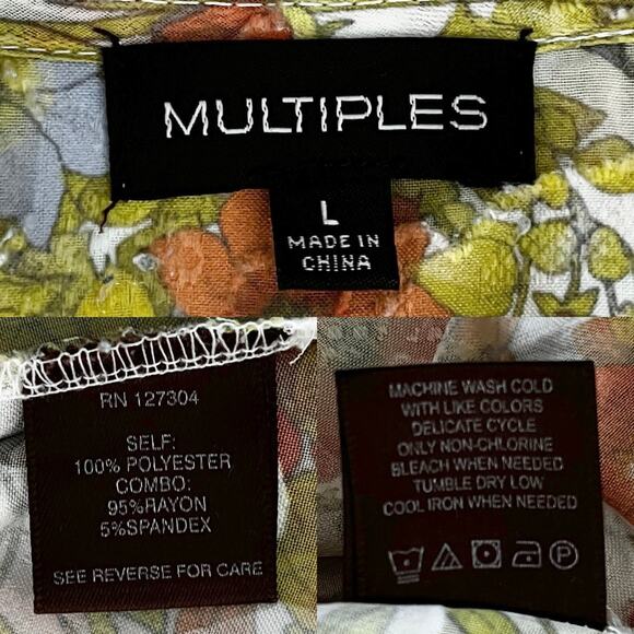 Multiples Top Blouse Retro Floral Large L Semi-Sheer 70s Roll Tab Sleeves - Picture 7 of 9